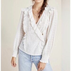 Maeve Anthropologie Eyelet Ruffle Wrap Blouse Long Sleeve Smocked Cuff Sz 0